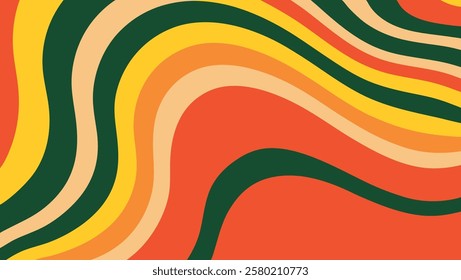 Wavy lines in bright orange, yellow, and green create a dynamic and lively vector background, perfect for various design applications, evoking energy and creativity
