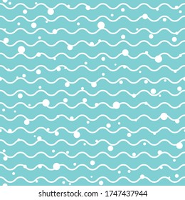 Wavy lines with bubbles. seamless texture with light blue rolling lines on blue background. Vector illustration. Marine wallpaper. Sea backdrop. Summer pattern