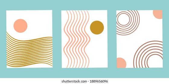 wavy lines and circle outline pattern, white color three canvas illustration.set of abstract background design with 