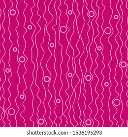 Wavy lines and circles seamless pattern. Light pink on a dark pink background.