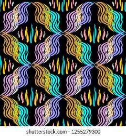 Wavy lines colorful ornamental vector seamless pattern. Line art tracery abstract wave background. Bright repeat ethnic tribal style backdrop. Trendy geometric ornament with waves, stripes, lines