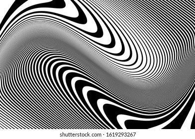 Wavy lines for digital wallpaper design. Fantasy style. Abstract motion light effect. B&W wallpaper vector. Technology background. Psychedelic pattern. Cover design template. Abstract digital wave.