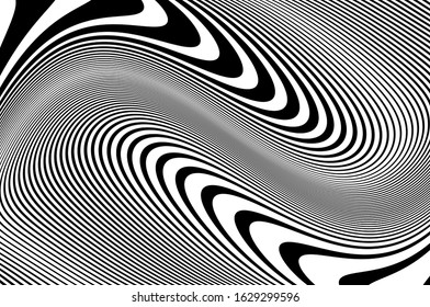 Wavy lines for digital wallpaper design. Fantasy style. Abstract motion light effect. B&W wallpaper vector. Technology background. Psychedelic pattern. Cover design template. Abstract digital wave.