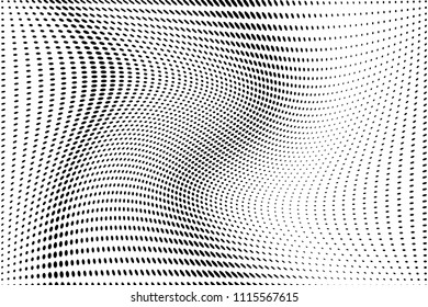 Wavy lines with dots, halftone pattern. Futuristic panel. Minimalistic design. Vector illustration. Retro background, pop art style. Dotted backdrop Digital gradient