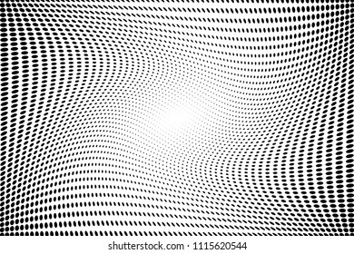Wavy lines with dots, halftone pattern. Futuristic panel. Minimalistic design. Vector illustration. Retro background, pop art style. Dotted backdrop Digital gradient