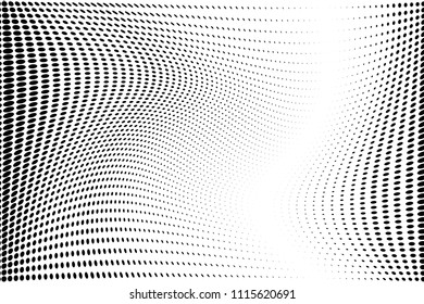 Wavy lines with dots, halftone pattern. Futuristic panel. Minimalistic design. Vector illustration. Retro background, pop art style. Dotted backdrop Digital gradient
