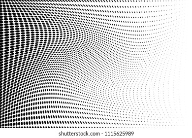 Wavy lines with dots, halftone pattern. Futuristic panel. Minimalistic design. Vector illustration. Retro background, pop art style. Dotted backdrop Digital gradient