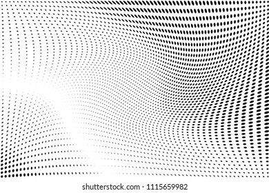 Wavy lines with dots, halftone pattern. Futuristic panel. Minimalistic design. Vector illustration. Retro background, pop art style. Dotted backdrop Digital gradient