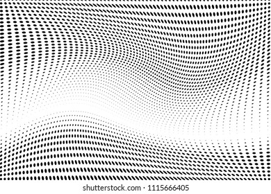 Wavy lines with dots, halftone pattern. Futuristic panel. Minimalistic design. Vector illustration. Retro background, pop art style. Dotted backdrop Digital gradient