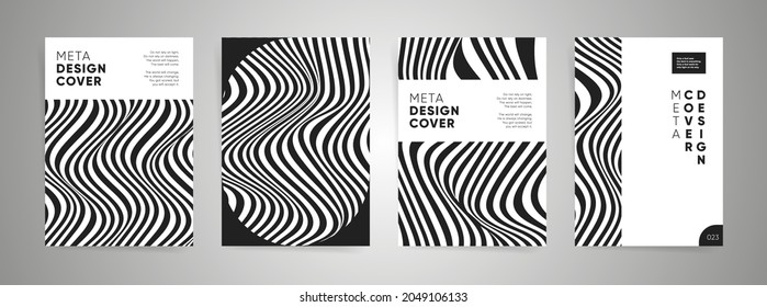 Wavy lines geometric business cover templates. Vector A4 vertical orientation. Layout for book cover, poster, placard, brochure, annual report, business presentation, flyer. Black white waves covers.