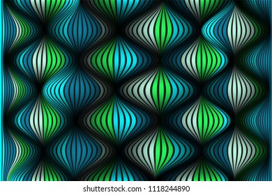 Wavy Lines with Gradient. Trendy Abstract Background with a Distorted Striped Surface. Futuristic Template with Effect of Volume and Movement. Flow. Wavy 3D Abstraction with Distorted Vector Stripes.