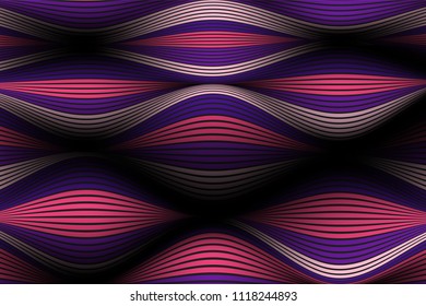 Wavy Lines with Gradient. Trendy Abstract Background with a Distorted Striped Surface. Futuristic Template with Effect of Volume and Movement. Flow. Wavy 3D Abstraction with Distorted Vector Stripes.