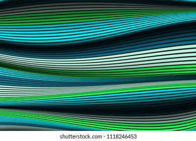 Wavy Lines with Gradient. Trendy Abstract Background with a Distorted Striped Surface. Futuristic Template with Effect of Volume and Movement. Flow. Wavy 3D Abstraction with Distorted Vector Stripes.