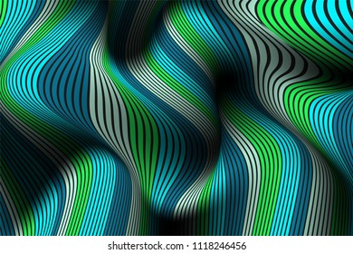 Wavy Lines with Gradient. Trendy Abstract Background with a Distorted Striped Surface. Futuristic Template with Effect of Volume and Movement. Flow. Wavy 3D Abstraction with Distorted Vector Stripes.