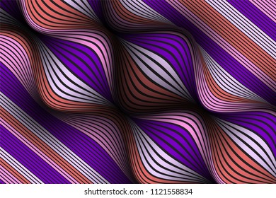 Wavy Lines with Gradient. Trendy Abstract Background with a Distorted Striped Surface. Futuristic Template with Effect of Volume and Movement. Flow. Wavy 3D Abstraction with Distorted Vector Stripes.