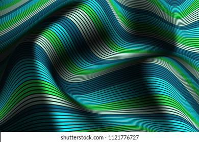Wavy Lines with Gradient. Trendy Abstract Background with a Distorted Striped Surface. Futuristic Template with Effect of Volume and Movement. Flow. Wavy 3D Abstraction with Distorted Vector Stripes.