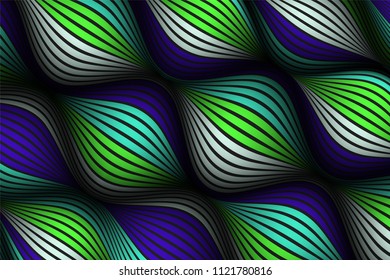 Wavy Lines with Gradient. Trendy Abstract Background with a Distorted Striped Surface. Futuristic Template with Effect of Volume and Movement. Flow. Wavy 3D Abstraction with Distorted Vector Stripes.