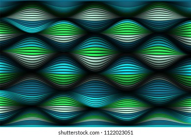 Wavy Lines with Gradient. Trendy Abstract Background with a Distorted Striped Surface. Futuristic Template with Effect of Volume and Movement. Flow. Wavy 3D Abstraction with Distorted Vector Stripes.
