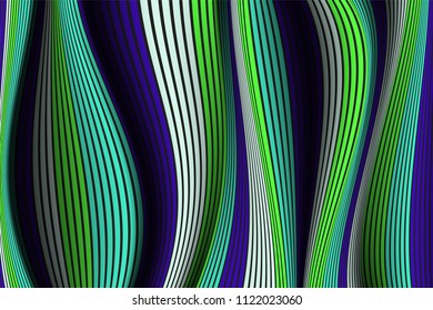 Wavy Lines with Gradient. Trendy Abstract Background with a Distorted Striped Surface. Futuristic Template with Effect of Volume and Movement. Flow. Wavy 3D Abstraction with Distorted Vector Stripes.