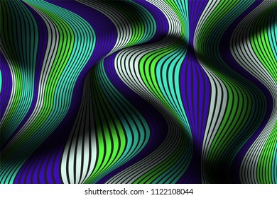 Wavy Lines with Gradient. Trendy Abstract Background with a Distorted Striped Surface. Futuristic Template with Effect of Volume and Movement. Flow. Wavy 3D Abstraction with Distorted Vector Stripes.