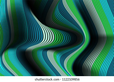 Wavy Lines with Gradient. Trendy Abstract Background with a Distorted Striped Surface. Futuristic Template with Effect of Volume and Movement. Flow. Wavy 3D Abstraction with Distorted Vector Stripes.