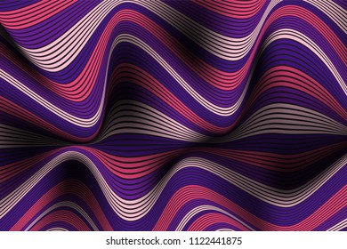 Wavy Lines with Gradient. Trendy Abstract Background with a Distorted Striped Surface. Futuristic Template with Effect of Volume and Movement. Flow. Wavy 3D Abstraction with Distorted Vector Stripes.