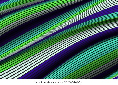 Wavy Lines with Gradient. Trendy Abstract Background with a Distorted Striped Surface. Futuristic Template with Effect of Volume and Movement. Flow. Wavy 3D Abstraction with Distorted Vector Stripes.