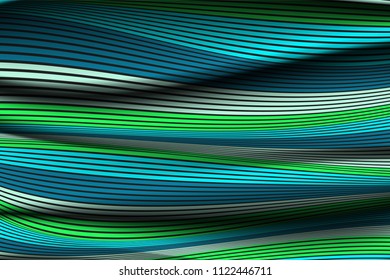 Wavy Lines with Gradient. Trendy Abstract Background with a Distorted Striped Surface. Futuristic Template with Effect of Volume and Movement. Flow. Wavy 3D Abstraction with Distorted Vector Stripes.
