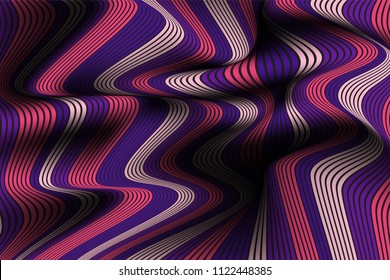 Wavy Lines with Gradient. Trendy Abstract Background with a Distorted Striped Surface. Futuristic Template with Effect of Volume and Movement. Flow. Wavy 3D Abstraction with Distorted Vector Stripes.