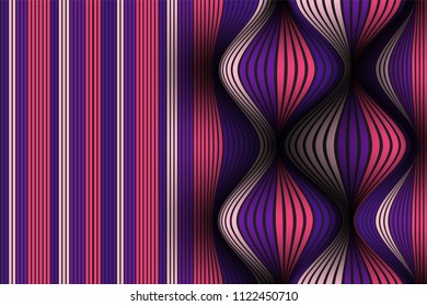 Wavy Lines with Gradient. Trendy Abstract Background with a Distorted Striped Surface. Futuristic Template with Effect of Volume and Movement. Flow. Wavy 3D Abstraction with Distorted Vector Stripes.
