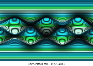 Wavy Lines with Gradient. Trendy Abstract Background with a Distorted Striped Surface. Futuristic Template with Effect of Volume and Movement. Flow. Wavy 3D Abstraction with Distorted Vector Stripes.