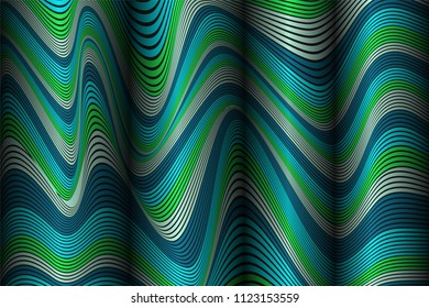 Wavy Lines with Gradient. Trendy Abstract Background with a Distorted Striped Surface. Futuristic Template with Effect of Volume and Movement. Flow. Wavy 3D Abstraction with Distorted Vector Stripes.