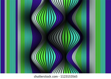 Wavy Lines with Gradient. Trendy Abstract Background with a Distorted Striped Surface. Futuristic Template with Effect of Volume and Movement. Flow. Wavy 3D Abstraction with Distorted Vector Stripes.