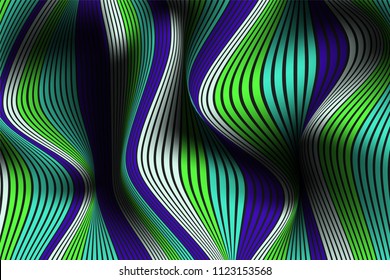 Wavy Lines with Gradient. Trendy Abstract Background with a Distorted Striped Surface. Futuristic Template with Effect of Volume and Movement. Flow. Wavy 3D Abstraction with Distorted Vector Stripes.