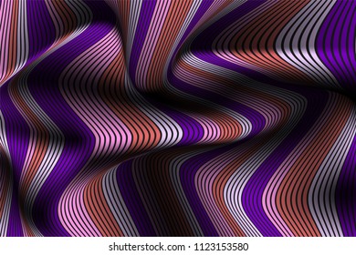 Wavy Lines with Gradient. Trendy Abstract Background with a Distorted Striped Surface. Futuristic Template with Effect of Volume and Movement. Flow. Wavy 3D Abstraction with Distorted Vector Stripes.