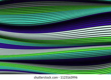 Wavy Lines with Gradient. Trendy Abstract Background with a Distorted Striped Surface. Futuristic Template with Effect of Volume and Movement. Flow. Wavy 3D Abstraction with Distorted Vector Stripes.