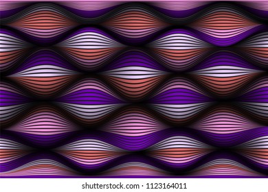 Wavy Lines with Gradient. Trendy Abstract Background with a Distorted Striped Surface. Futuristic Template with Effect of Volume and Movement. Flow. Wavy 3D Abstraction with Distorted Vector Stripes.