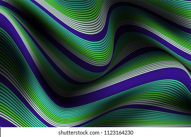 Wavy Lines with Gradient. Trendy Abstract Background with a Distorted Striped Surface. Futuristic Template with Effect of Volume and Movement. Flow. Wavy 3D Abstraction with Distorted Vector Stripes.