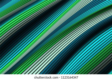 Wavy Lines with Gradient. Trendy Abstract Background with a Distorted Striped Surface. Futuristic Template with Effect of Volume and Movement. Flow. Wavy 3D Abstraction with Distorted Vector Stripes.