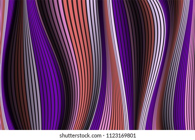 Wavy Lines with Gradient. Trendy Abstract Background with a Distorted Striped Surface. Futuristic Template with Effect of Volume and Movement. Flow. Wavy 3D Abstraction with Distorted Vector Stripes.
