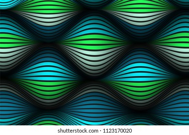 Wavy Lines with Gradient. Trendy Abstract Background with a Distorted Striped Surface. Futuristic Template with Effect of Volume and Movement. Flow. Wavy 3D Abstraction with Distorted Vector Stripes.