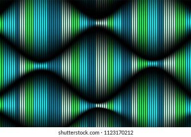 Wavy Lines with Gradient. Trendy Abstract Background with a Distorted Striped Surface. Futuristic Template with Effect of Volume and Movement. Flow. Wavy 3D Abstraction with Distorted Vector Stripes.