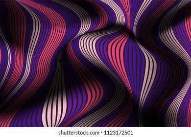Wavy Lines with Gradient. Trendy Abstract Background with a Distorted Striped Surface. Futuristic Template with Effect of Volume and Movement. Flow. Wavy 3D Abstraction with Distorted Vector Stripes.