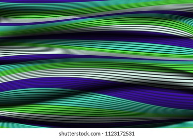 Wavy Lines with Gradient. Trendy Abstract Background with a Distorted Striped Surface. Futuristic Template with Effect of Volume and Movement. Flow. Wavy 3D Abstraction with Distorted Vector Stripes.