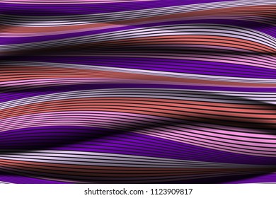 Wavy Lines with Gradient. Trendy Abstract Background with a Distorted Striped Surface. Futuristic Template with Effect of Volume and Movement. Flow. Wavy 3D Abstraction with Distorted Vector Stripes.