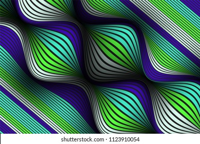 Wavy Lines with Gradient. Trendy Abstract Background with a Distorted Striped Surface. Futuristic Template with Effect of Volume and Movement. Flow. Wavy 3D Abstraction with Distorted Vector Stripes.