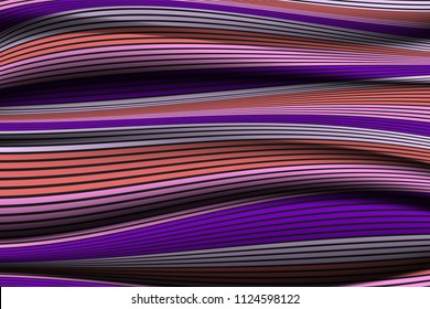 Wavy Lines with Gradient. Trendy Abstract Background with a Distorted Striped Surface. Futuristic Template with Effect of Volume and Movement. Flow. Wavy 3D Abstraction with Distorted Vector Stripes.