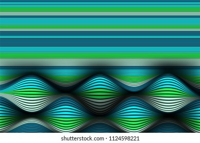 Wavy Lines with Gradient. Trendy Abstract Background with a Distorted Striped Surface. Futuristic Template with Effect of Volume and Movement. Flow. Wavy 3D Abstraction with Distorted Vector Stripes.