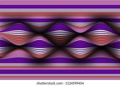 Wavy Lines with Gradient. Trendy Abstract Background with a Distorted Striped Surface. Futuristic Template with Effect of Volume and Movement. Flow. Wavy 3D Abstraction with Distorted Vector Stripes.