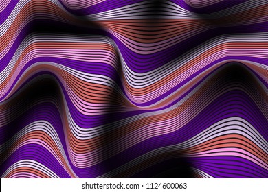 Wavy Lines with Gradient. Trendy Abstract Background with a Distorted Striped Surface. Futuristic Template with Effect of Volume and Movement. Flow. Wavy 3D Abstraction with Distorted Vector Stripes.